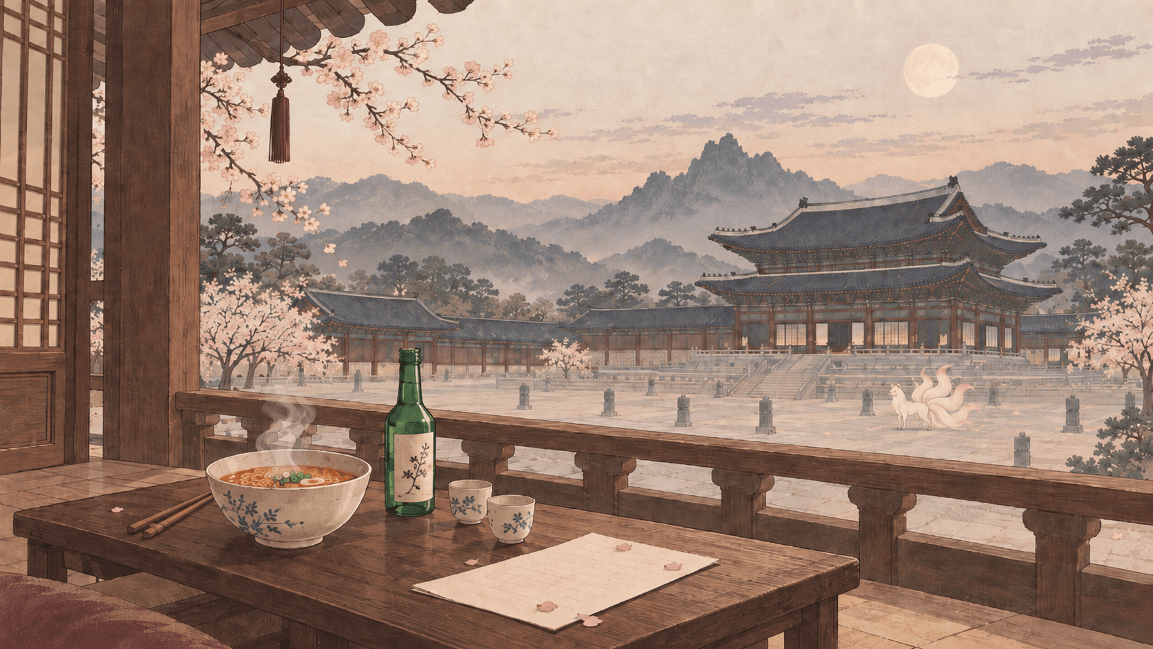 Geleneksel Kore sarayı, kiraz çiçekleri, ramen ve soju ile K-drama atmosferini yansıtan illüstrasyon